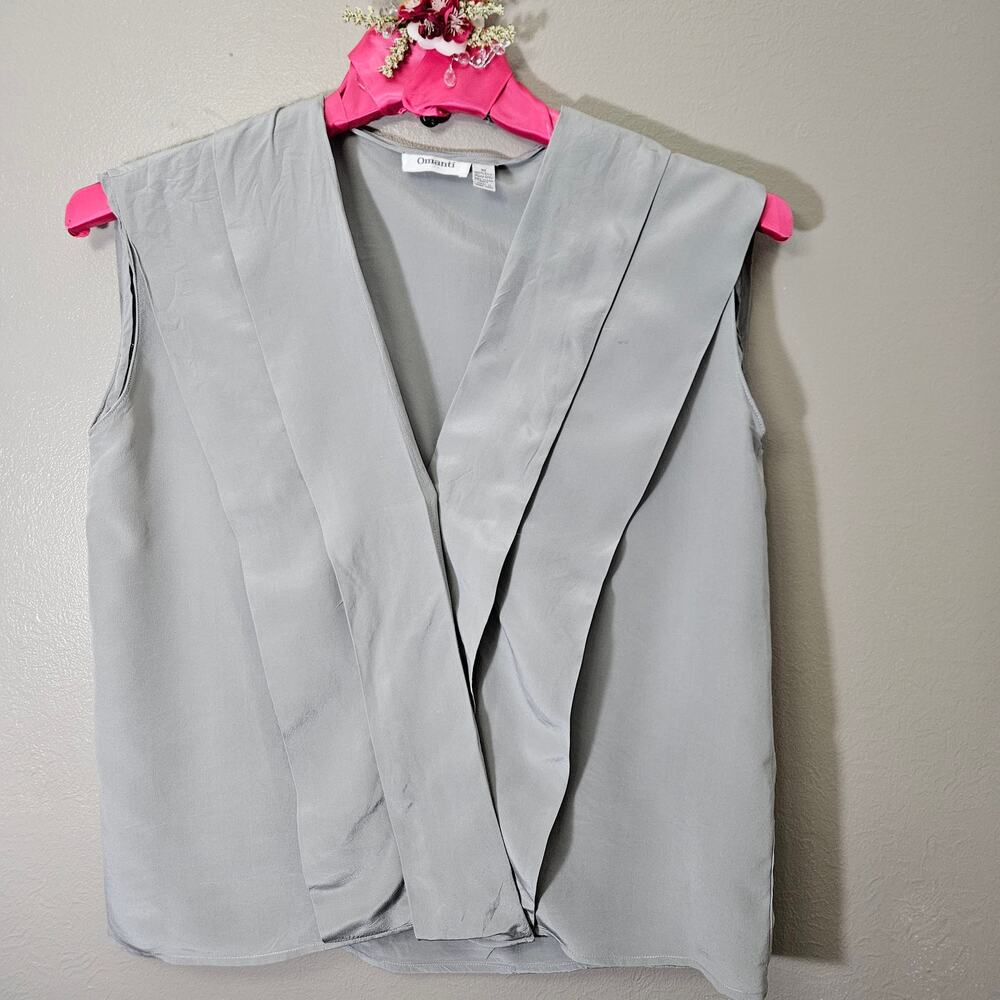 VTG Omanti Womens M Grey 100% Silk Sleeveless Surplice Top Luxury Minimalist